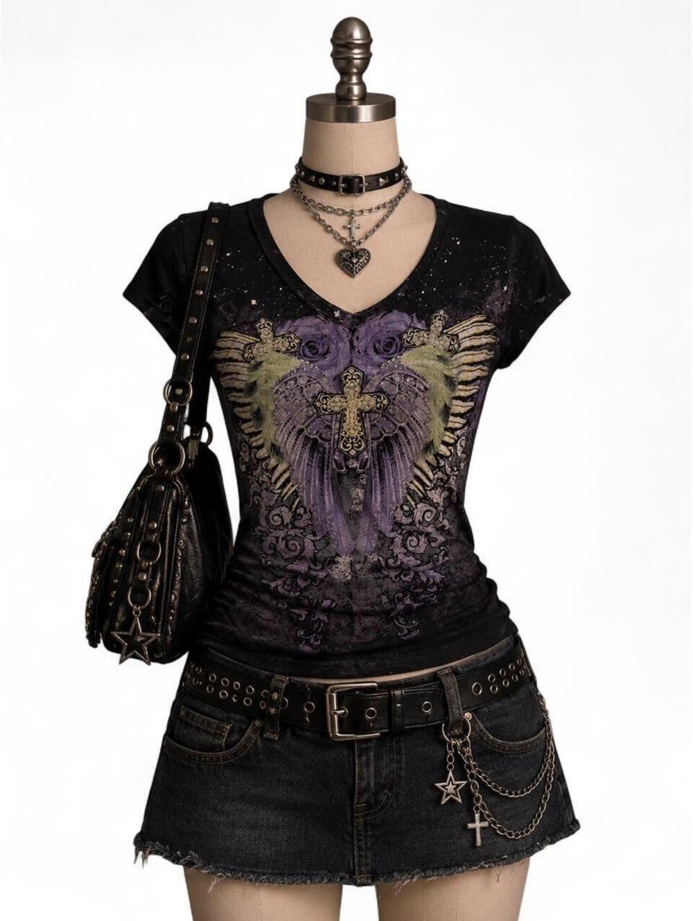Angels & Diamonds Y2K Gothic Cross Graphic Tee | Women’s Size M